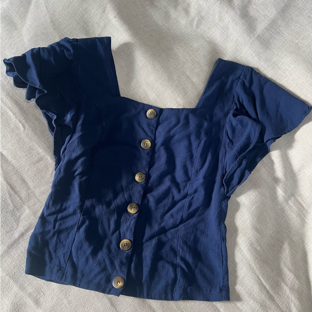 Navy Blue Cropped Structured Button Up Moa Moa Small Shirt